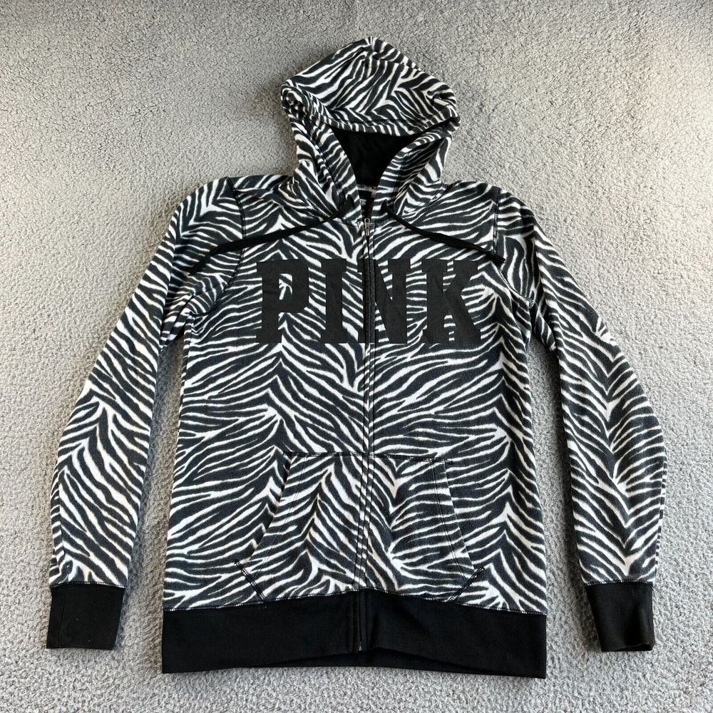 Victoria's Secret Pink Jacket Womens Xs Black White Hoodie Sweatshirt Animal New